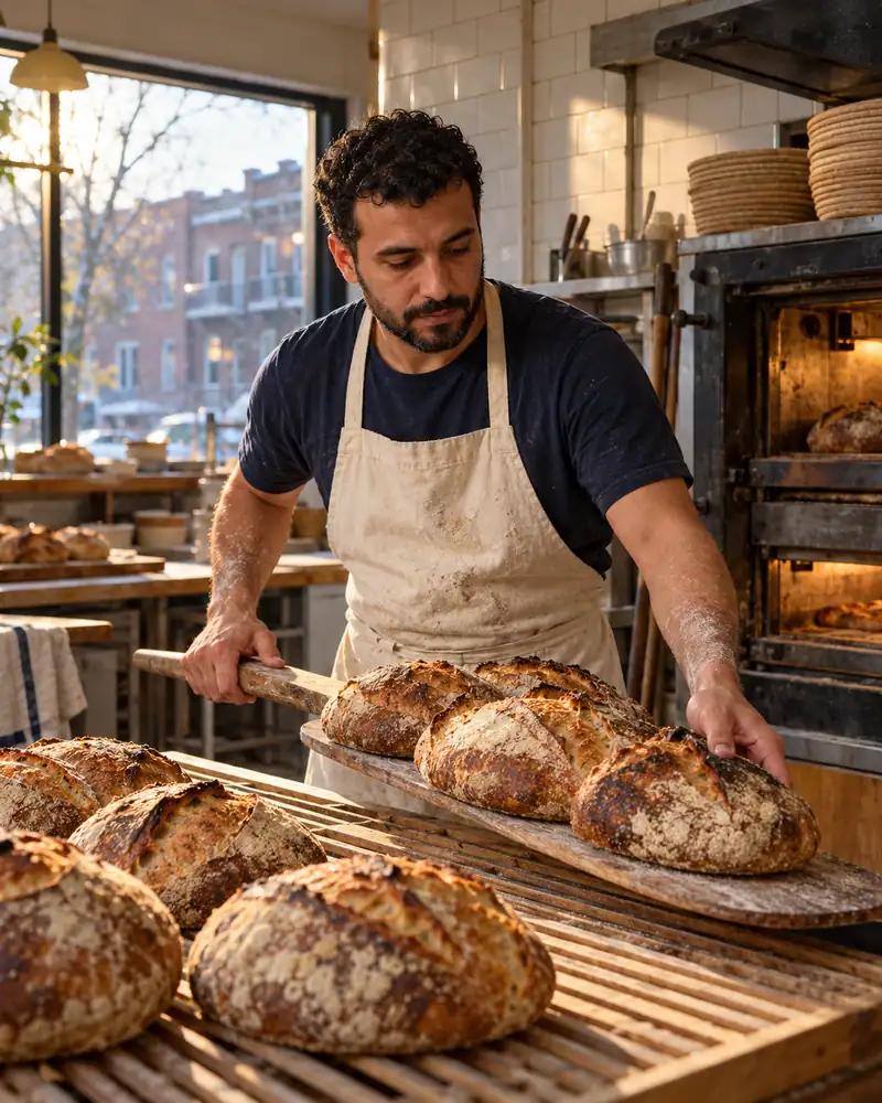 Un boulanger dépose des miches au levain tout juste sorties du four sur une étagère en bois.