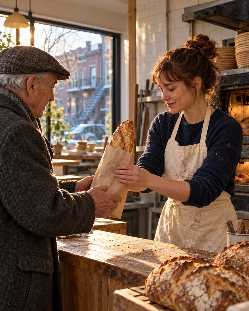 Un client reçoit un sac de pain au comptoir de la boulangerie.