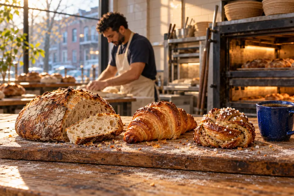 Une miche au levain tranchée, un croissant et une brioche à la cardamome sur une planche de bois.